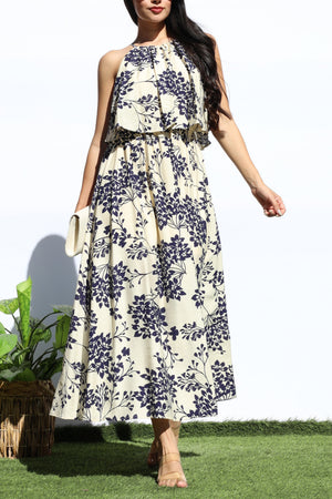DD7923, FLORAL RUFFLED TOP MIDI DRESS