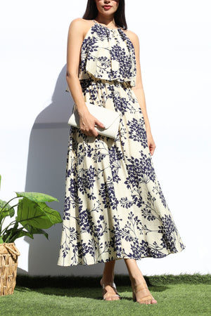 DD7923, FLORAL RUFFLED TOP MIDI DRESS
