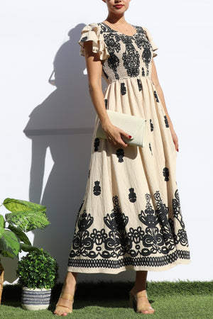 DD7931, PRINTED SMOCKED TOP MIDI DRESS