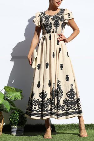 DD7931, PRINTED SMOCKED TOP MIDI DRESS