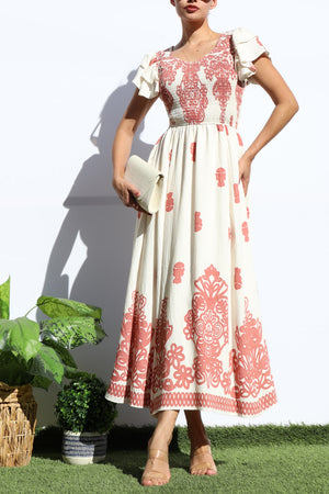 DD7931, PRINTED SMOCKED TOP MIDI DRESS