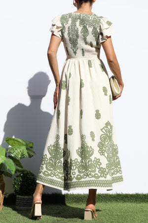 DD7931, PRINTED SMOCKED TOP MIDI DRESS