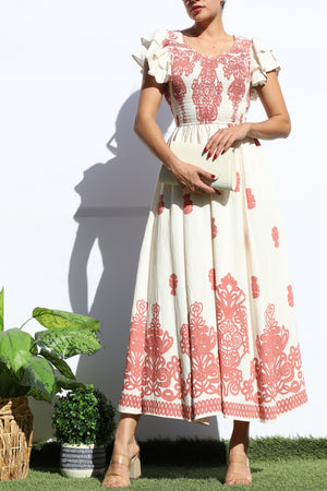 DD7931, PRINTED SMOCKED TOP MIDI DRESS