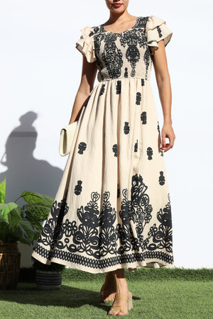 DD7931, PRINTED SMOCKED TOP MIDI DRESS