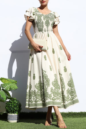 DD7931, PRINTED SMOCKED TOP MIDI DRESS