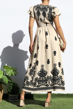 DD7931, PRINTED SMOCKED TOP MIDI DRESS