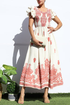 DD7931, PRINTED SMOCKED TOP MIDI DRESS