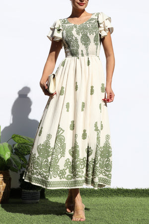 DD7931, PRINTED SMOCKED TOP MIDI DRESS