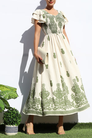 DD7931, PRINTED SMOCKED TOP MIDI DRESS