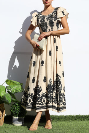 DD7931, PRINTED SMOCKED TOP MIDI DRESS