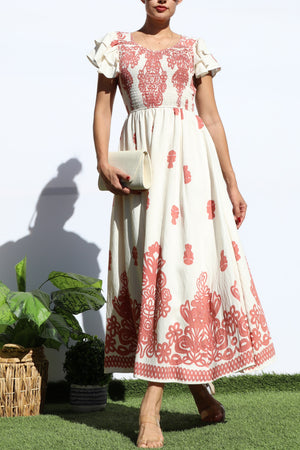 DD7931, PRINTED SMOCKED TOP MIDI DRESS