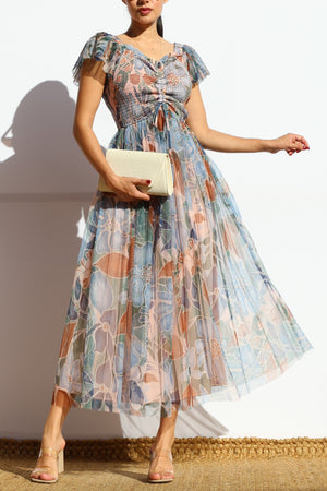 DD7973, PRINTED SMOCKED TOP MIDI DRESS