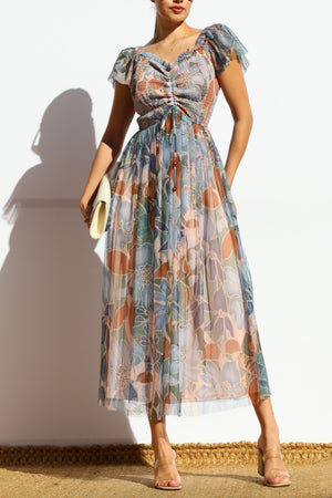 DD7973, PRINTED SMOCKED TOP MIDI DRESS