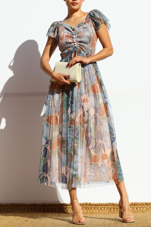 DD7973, PRINTED SMOCKED TOP MIDI DRESS