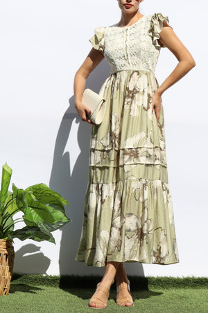 DD8129, PRINTED LACE TOP MIDI DRESS