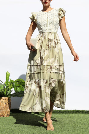 DD8129, PRINTED LACE TOP MIDI DRESS