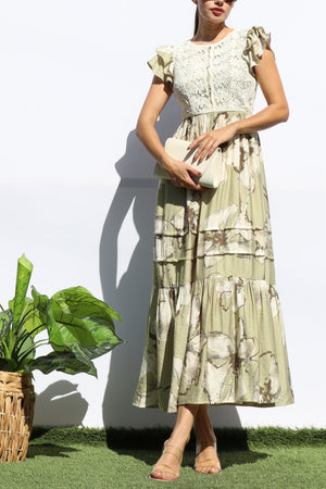 DD8129, PRINTED LACE TOP MIDI DRESS