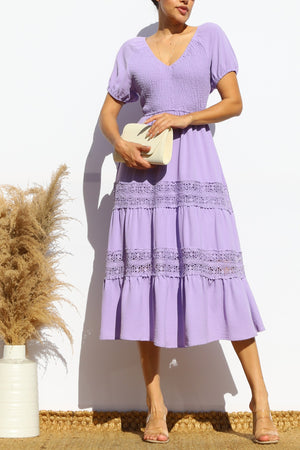 DD6018, SMOCKED TOP LACE MIDI DRESS