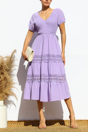 DD6018, SMOCKED TOP LACE MIDI DRESS