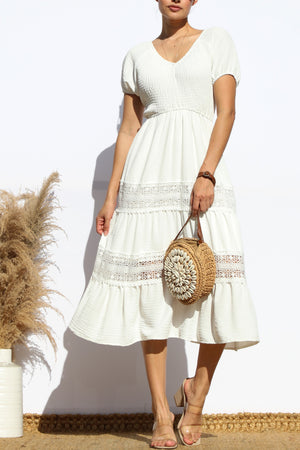 DD6018, SMOCKED TOP LACE MIDI DRESS