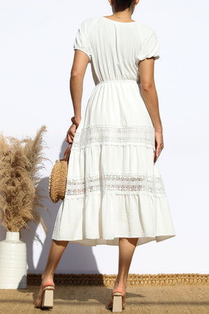 DD6018, SMOCKED TOP LACE MIDI DRESS