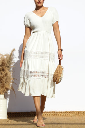 DD6018, SMOCKED TOP LACE MIDI DRESS