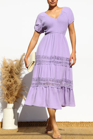 DD6018, SMOCKED TOP LACE MIDI DRESS