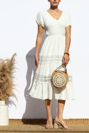 DD6018, SMOCKED TOP LACE MIDI DRESS