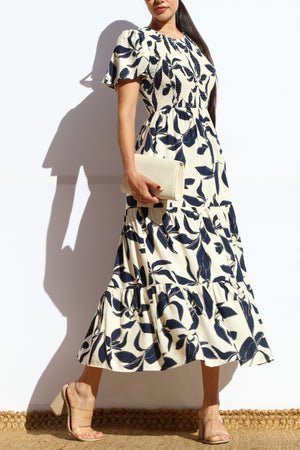 DD7912, SMOCKED TOP TIERED MIDI DRESS