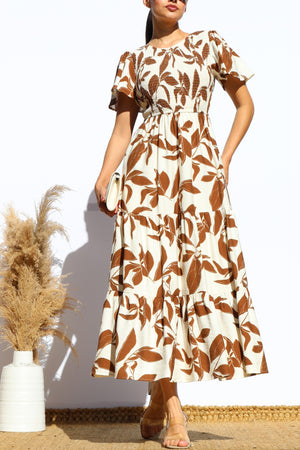 DD7912, SMOCKED TOP TIERED MIDI DRESS