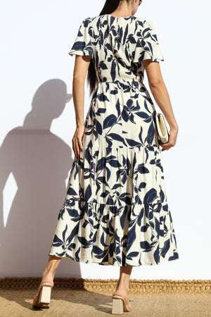 DD7912, SMOCKED TOP TIERED MIDI DRESS