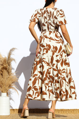 DD7912, SMOCKED TOP TIERED MIDI DRESS