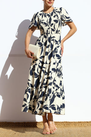 DD7912, SMOCKED TOP TIERED MIDI DRESS