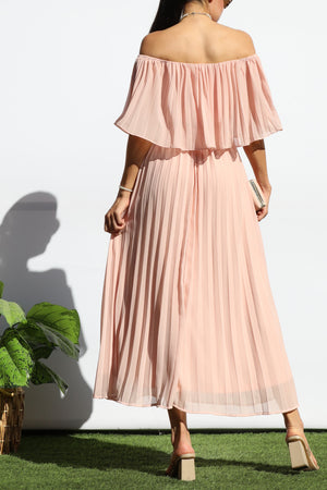 DD7874, Pleated Off Shoulder Midi Dress