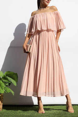 DD7874, Pleated Off Shoulder Midi Dress