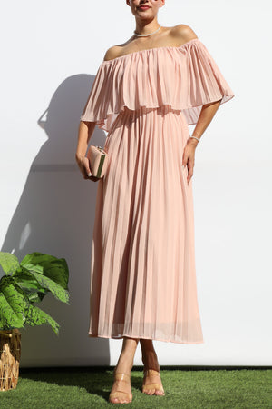 DD7874, Pleated Off Shoulder Midi Dress