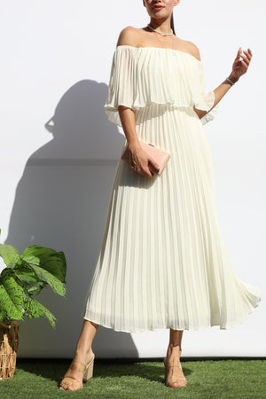 DD7874, PLEATED OFF SHOULDER MIDI DRESS
