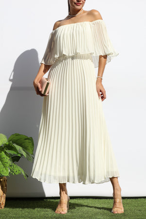 DD7874, PLEATED OFF SHOULDER MIDI DRESS