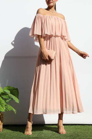 DD7874, Pleated Off Shoulder Midi Dress