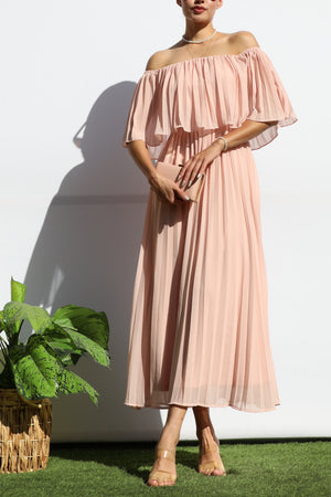 DD7874, Pleated Off Shoulder Midi Dress