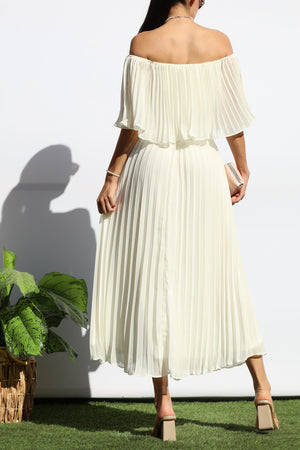 DD7874, PLEATED OFF SHOULDER MIDI DRESS