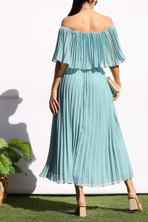 DD7874, PLEATED OFF SHOULDER MIDI DRESS