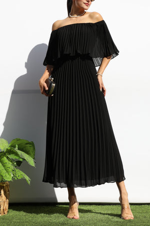 DD7874, PLEATED OFF SHOULDER MIDI DRESS