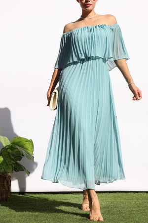 DD7874, PLEATED OFF SHOULDER MIDI DRESS