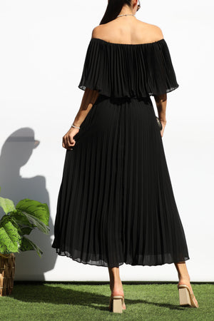 DD7874, PLEATED OFF SHOULDER MIDI DRESS