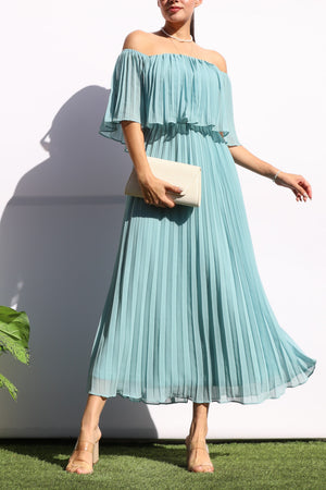 DD7874, PLEATED OFF SHOULDER MIDI DRESS