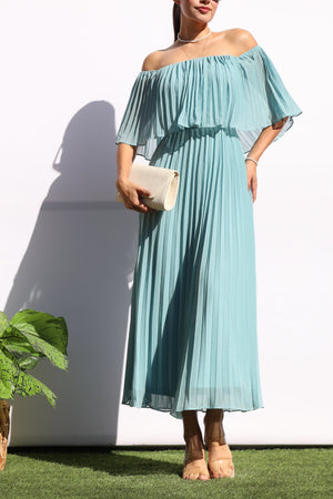 DD7874, PLEATED OFF SHOULDER MIDI DRESS