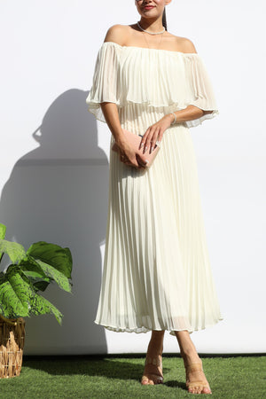DD7874, PLEATED OFF SHOULDER MIDI DRESS