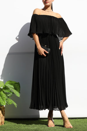 DD7874, PLEATED OFF SHOULDER MIDI DRESS
