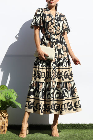 DD7940, PRINTED BUTTON DOWN MIDI DRESS